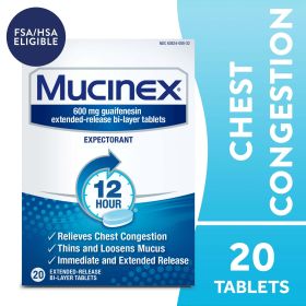 Mucinex 12 Hour Expectorant, OTC Medicine for Excess Mucus Relief, Chest Congestion, FSA, 20 Tablets