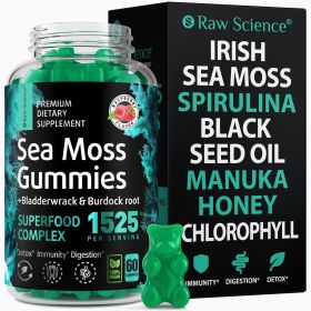 Irish Sea Moss Gummies Detox Thyroid Support for Women Men Black Seed Oil Manuka Honey Fenugreek Chlorophyll Gut Health Immune Support Seamoss Burdock